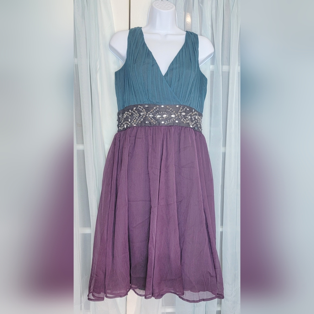 Newport News Chiffon Cocktail Dress 8P Beaded Empire V Neck Whimsigoth Y2K VTG